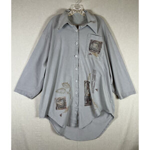 VTG Blue Fish Light Blue Lagenlook Tunic Dress One Size Button Front Art to Wear